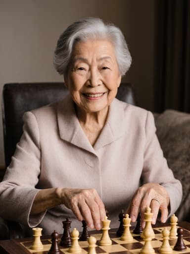 이 이미지는 아늑한 거실에 있는 80대 아시아계 여성이 편안한 원피스를 입고 따뜻하게 미소 지으며 체스 보드와 자연스럽게 상호작용하는 모습을 보여줍니다.