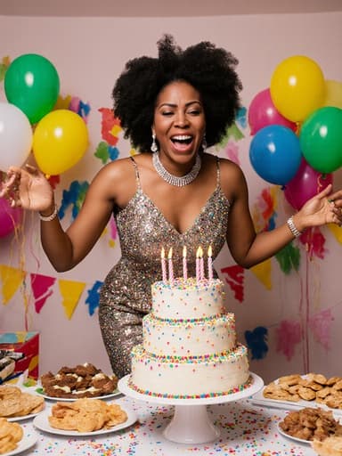 40대 흑인 여성이 자연스러운 외모를 지닌 채 화려한 생일 파티 의상을 입고 있는 전신 샷입니다. 반짝이는 드레스와 액세서리를 착용한 그녀는 아름답게 장식된 생일 케이크 앞에서 점프하며 친구들과 함께 축하하는 순간을 포착하고 있습니다. 피곤한 표정을 짓고 있지만 생일 파티의 즐거운 분위기를 느끼고 있습니다. 배경은 화려한 장식과 풍선으로 가득한 생일 파티룸으로, 테이블 위에는 생일 케이크와 다양한 간식이 놓여 있습니다. 전체적인 분위기는 즐겁고 축제 분위기입니다.