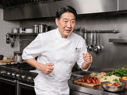 60대 한국인 남성 셰프의 반신 촬영으로, 자연스러운 외모와 자신감 있는 미소를 지으며, 흰색 조리복과 앞치마를 착용하고 있습니다. 그는 주방에서 요리 재료를 들고 달려가고 있으며, 배경은 깔끔하게 정리된 식당 주방으로, 다양한 조리 도구와 신선한 재료들이 있습니다. 생기 넘치고 전문적인 분위기가 요리 테마를 강조하고 있습니다.