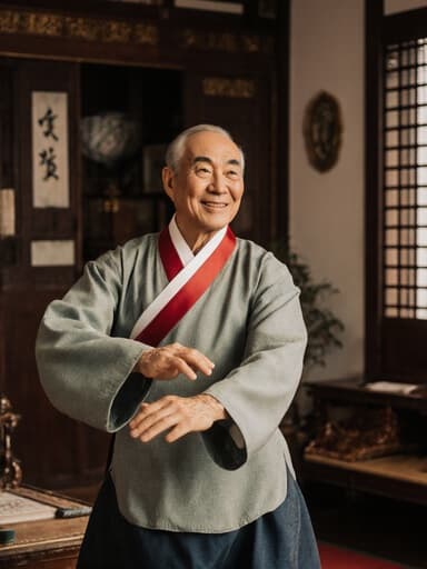 70대 백인 남성이 전통 한복을 입고 아늑한 거실에 서 있는 전신 사진. 그는 전통 춤을 준비하며 만족스럽고 행복한 표정을 짓고 있어, 이 문화적 순간에 대한 기쁨을 드러내고 있습니다.