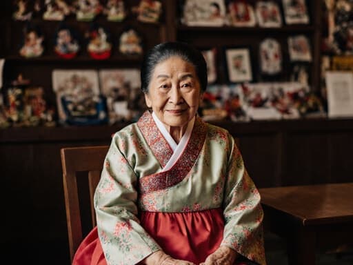 70대 동양인 여성이 전통 한복을 입고 아늑한 카페에서 전통 공예품이 진열된 곳에 앉아 있습니다. 그녀는 피곤한 표정을 지으면서도 여유로운 미소를 띠고 스트레칭을 하며, 문화의 아름다움 속에서 평온한 순간을 표현하고 있습니다.