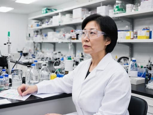 실험실 가운과 안전 안경을 착용한 50대 아시아계 여성의 반신 촬영, 한쪽 다리를 뻗고 앉아 무관심한 표정으로 실험 기구를 살펴보고 있는 모습. 배경의 깔끔한 연구실은 다양한 실험 기구와 화학 물질로 가득 차 있으며, 그녀의 전문성과 전문적인 환경을 강조하고 있습니다.