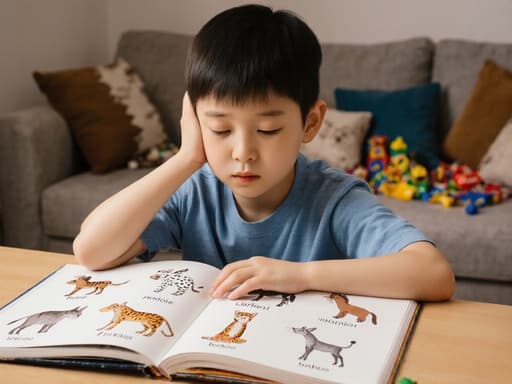 7세 아시아계 남아의 반신 촬영으로, 귀엽고 순수한 외모를 가진 모습입니다. 편안한 티셔츠와 반바지를 입고 거실 테이블에 앉아 졸린 표정을 지으며 동물 이름을 배우려고 애쓰고 있습니다. 동물 그림이 그려진 책을 한 손으로 잡고 있으며, 눈길이 약간 흐트러져 있어 집중하지 못하는 순간을 포착하고 있습니다. 배경에는 쿠션과 흩어진 장난감들이 있어 어린이의 학습 환경을 따뜻하고 매력적으로 표현하고 있습니다.
