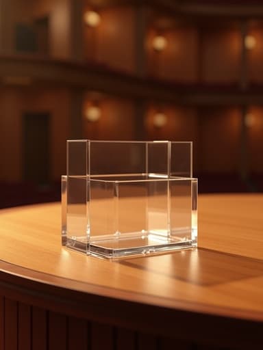 우아한 오케스트라 홀 배경의 유리 정리함, 부드러운 분위기 조명과 따뜻한 톤.