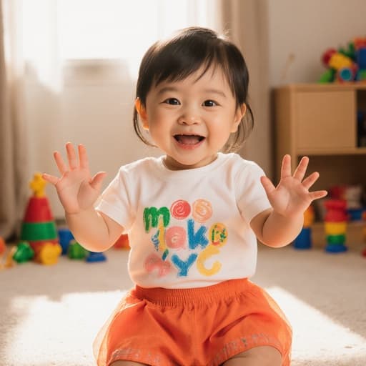 밝은 색상의 유치원 옷을 입고 두 손을 흔들며 인사하는 1살 동양인 여아의 반신 사진. 장난감이 놓인 아늑한 거실에서 햇빛이 창문을 통해 들어오고 있는 모습.