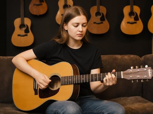10대 후반의 백인 여성이 아늑한 카페의 소파에 앉아 편안한 티셔츠와 청바지를 입고 기타를 연주하고 있습니다. 자연스러운 외모와 집중한 표정으로 따뜻하고 음악적인 분위기의 배경 속에서 음악에 몰두하고 있습니다.
