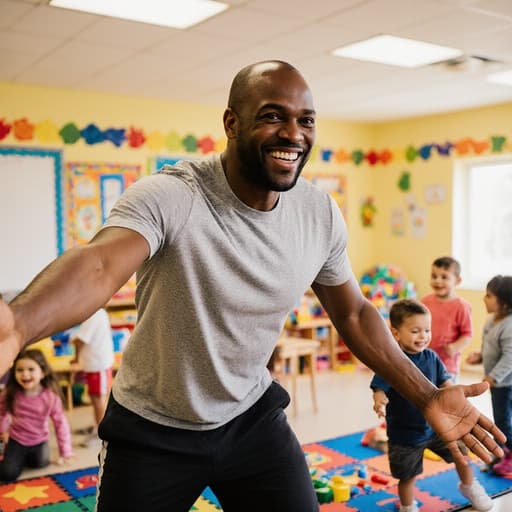 40대의 행복한 흑인 남성이 편안한 티셔츠와 운동복 바지를 입고 밝은 유치원 교실에서 아이들과 함께 놀고 있습니다. 그의 팔을 벌리고 아이들을 초대하는 모습은 장난감으로 노는 아이들로 가득 찬 활기찬 분위기 속에서 따뜻한 미소를 띠고 있습니다.