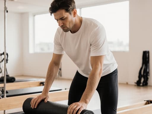 30대 백인 남성이 편안한 필라테스 의상을 입고, 현대적이고 깨끗한 필라테스 스튜디오에서 필라테스 매트를 정리하는 모습의 반신 사진. 그의 표정은 집중력을 전달하며, 현대적인 환경 속에서 필라테스의 본질을 반영합니다.