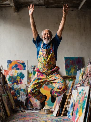 자연스러운 외모를 가진 60대 동양인 남성이 열정적으로 창작의 기쁨을 표현하며 점프하는 모습의 전신 촬영입니다. 그는 화려한 물감이 묻은 작업복을 입고 있으며, 창의적인 정신을 상징합니다. 배경은 다양한 그림과 미술 도구들로 가득한 아트 스튜디오로, 창의적인 분위기를 더해줍니다.