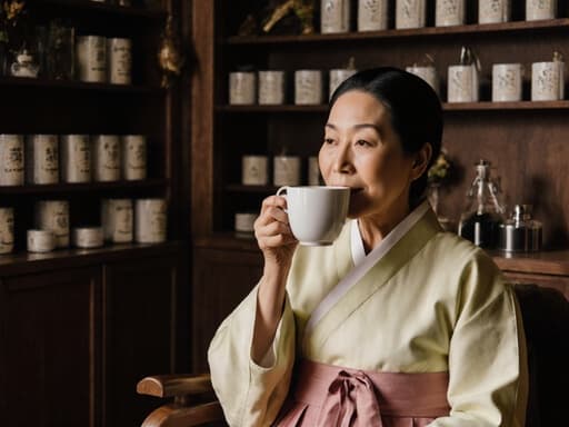 60대 아시아계 여성의 반신 사진으로, 자연스러운 미소를 지니고 있습니다. 그녀는 전통 한복을 입고 있으며, 복잡한 패턴과 생동감 있는 색상이 그녀의 문화유산을 잘 드러냅니다. 편안하고 여유로운 표정을 지으며, 손에 커피 잔을 들고 여유롭게 마시는 모습입니다. 배경은 한약재와 뜸기가 진열된 아늑한 전통 한의원으로, 주제의 평화로운 분위기를 잘 보완하고 있습니다.