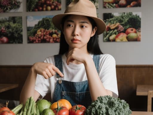 아시아계 10대 후반의 여성 농부 스타일 작업복을 입은 그녀가 아늑한 카페에서 약간 불만족스러운 표정을 지으며 테이블 위의 신선한 농산물을 가리키고 있습니다. 배경에는 농업 관련 사진들이 장식되어 있어 따뜻하고 초대하는 분위기를 만들어냅니다.