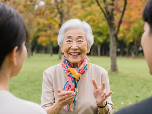 80대 한국인 여성이 편안한 원피스와 밝은 색상의 스카프를 착용하고, 가족과 대화하며 춤추고 손짓을 하며 미소 짓고 있는 모습의 반신 사진. 잔디와 나무로 가득한 그림 같은 공원에서 따뜻한 분위기를 자아냅니다.