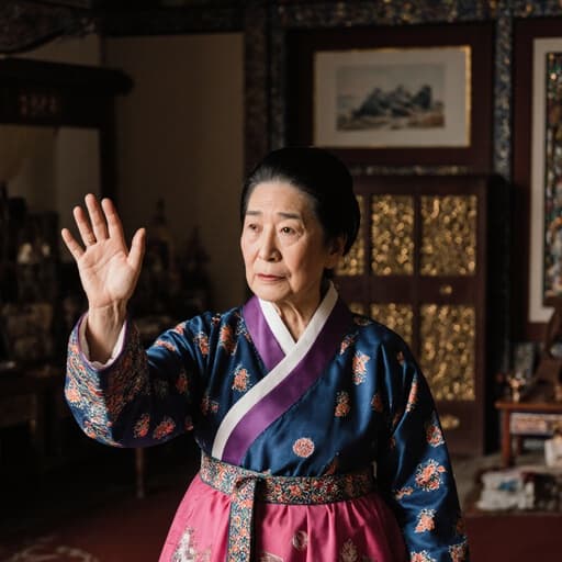 자연스러운 외모를 지닌 70대 한국인 여성이 전통 한복을 입고 손을 들어 올리며 춤추는 자세를 취하고 있습니다. 배경은 전통적인 장식이 있는 한국의 거실로, 부드럽고 따뜻한 조명이 편안한 분위기를 더합니다.