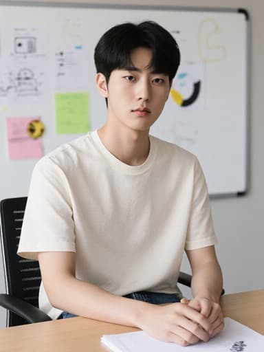 10대 초반의 한국인 남성이 편안한 티셔츠와 청바지를 입고 현대적인 회의실 테이블에 앉아 있는 반신 샷입니다. 그는 아이디어를 생각하며 진지한 표정을 짓고 있습니다. 배경에는 화이트보드와 디자인 자료들이 있는 세련된 회의실이 있어 창의적이고 매력적인 분위기를 전달합니다.