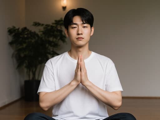 20대 동양인 남성이 편안한 요가 복장을 입고 반신 사진으로 촬영되었습니다. 자연스러운 외모를 가진 그는 긴장한 표정으로 가슴 앞에서 손을 모아 인사하는 자세를 취하고 있습니다. 그의 주변은 부드러운 조명과 식물로 장식된 차분한 명상 공간으로, 평화로운 분위기를 만들어냅니다.