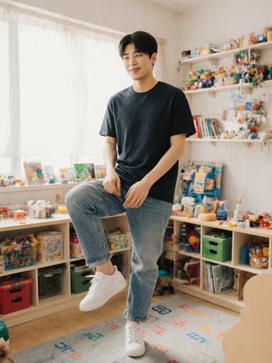 20대 한국인 남성이 캐주얼한 복장을 하고 한쪽 발을 들어 올리며 운동화를 신으려 하고 있습니다. 고민하는 표정이 약간의 미소로 부드러워지며, 밝고 아늑한 학습실이 교육 자료와 장난감으로 가득 차 있어 따뜻하고 매력적인 분위기를 자아냅니다.