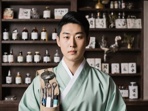 전통 한복 스타일의 의사 가운을 입고 한쪽 어깨에 치료 도구가 가득 담긴 가방을 메고 있는 20대 한국인 남성의 반신 사진으로, 무관심한 표정을 지으며 정면을 바라보고 있으며, 약초와 다양한 치료 도구들로 가득한 전통 한방 치료실 배경에서 촬영되었습니다.