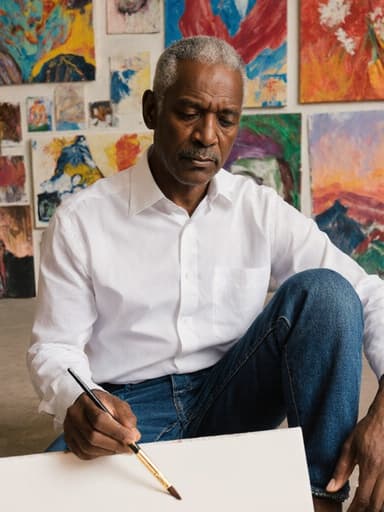 50대의 우아한 흑인 남성이 바닥에 앉아 물감을 들고 캔버스를 바라보는 반신 촬영. 심플한 흰색 셔츠와 청바지를 입고 있으며, 미술 갤러리의 여러 작품이 배경에 보인다. 그의 자연스러운 외모와 우아한 표정이 영감과 창작의 분위기를 만들어낸다.
