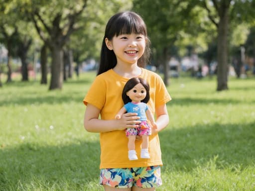 7세 동양인 여아가 공원에서 즐거워하며 두 손으로 인형을 들고 있는 모습의 반신 사진입니다. 밝은 색상의 티셔츠와 반바지를 입고 있으며, 푸른 잔디와 나무들로 둘러싸인 공간에서 장난스럽고 즐거운 분위기를 자아냅니다.