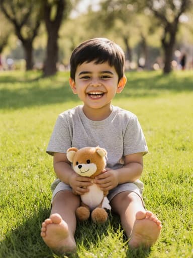 이 이미지는 햇볕이 잘 드는 공원에서 푸른 잔디에 앉아 있는 사랑스러운 3세 중동계 남성을 담고 있습니다. 그는 캐주얼한 티셔츠와 반바지를 입고 있으며, 두 손으로 인형을 잡고 다리를 뻗고 있습니다. 그의 얼굴은 사랑스러운 미소로 가득 차 있으며, 나무와 밝은 햇빛이 비치는 배경에서 순수한 행복감을 반영하고 있습니다.