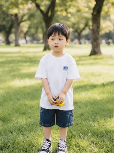 7세 한국인 남성이 편안한 티셔츠와 반바지를 입고, 장난감을 손에 쥐고 졸린 표정을 지으며 푸른 잔디와 나무들이 있는 공원에서 촬영된 반신 사진. 편안하고 장난기 가득한 분위기를 연출합니다.