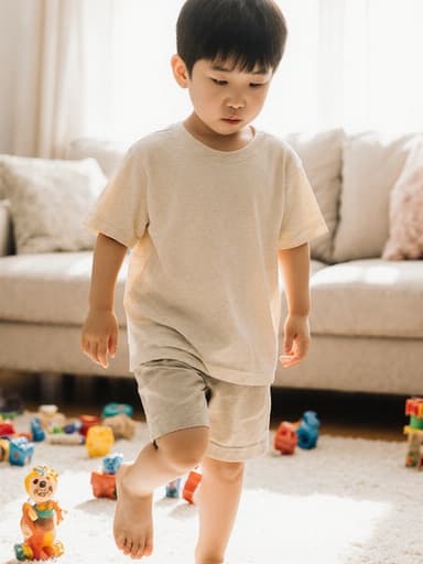 이 이미지는 귀여운 외모의 7세 한국인 남아가 편안한 티셔츠와 반바지를 입고 있는 모습을 보여줍니다. 그는 장난감으로 가득 찬 아늑한 거실에서 한쪽 발을 들어올리며 배고픈 표정을 짓고 있습니다. 이 장면은 장난기 가득하고 따뜻한 분위기를 만들어 냅니다.