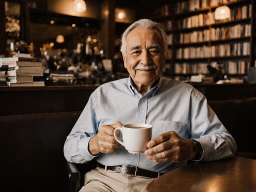 70세의 라틴계 남성이 아늑한 카페에 앉아 편안한 셔츠와 슬랙스를 입고 있는 반신 사진을 담고 있습니다. 그는 두 손으로 부드럽게 커피 잔을 감싸고 따뜻한 미소를 지으며 친근한 느낌을 발산합니다. 배경에는 따뜻한 조명이 비추는 다양한 책들이 있는 아늑한 카페 내부가 펼쳐져 있어 편안하고 초대하는 분위기를 더합니다.