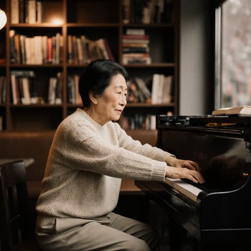 70대 한국인 여성의 반신 사진으로, 편안한 니트 스웨터와 슬랙스를 착용하고 악기를 들고 스트레칭하며 깊은 생각에 잠긴 외로운 표정을 짓고 있습니다. 아늑한 카페 내부의 따뜻한 조명과 책장이 있는 공간이 배경으로, 사려 깊고 편안한 분위기를 전달합니다.
