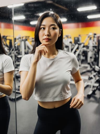 운동복을 입은 자신감 넘치는 20대 아시아계 여성이 밝고 활기찬 운동실의 거울 앞에서 매력적인 표정을 지으며 옷을 고르고 있는 모습입니다.