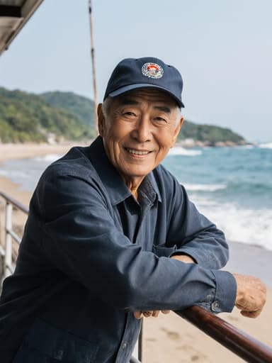60대 한국인 남성이 어선의 난간에 기대어 자연스럽게 스트레칭을 하고 있으며, 자신감 있고 우아한 표정으로 미소를 짓고 있습니다. 배경은 해양 생태 보호를 주제로 한 해변 근처의 작업 공간을 보여주며, 조화롭고 매력적인 분위기를 만들어냅니다.