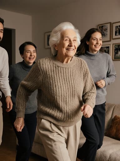 "자연스러운 외모를 가진 80대 유럽계 여성의 전신 촬영으로, 편안한 니트 스웨터와 슬랙스를 착용하고 있습니다. 아늑한 거실에서 가족과 함께 즐겁게 달리며 피곤한 표정 속에 약간의 미소를 띠고 있는 모습이며, 배경에는 소파와 가족 사진이 걸린 벽이 있어 따뜻하고 친근한 분위기를 자아냅니다."