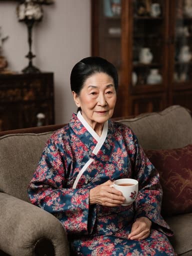 70대 한국인 여성의 반신 사진으로, 화사한 전통 한복을 입고 아늑한 소파에 앉아 차를 마시는 모습입니다. 삶의 경험이 묻어나는 깊은 눈매와 따뜻한 미소가 평화롭고 아늑한 분위기를 자아내며, 전통적인 소품으로 꾸며진 거실 환경이 편안함을 더합니다.
