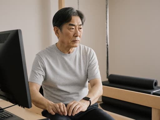 50대 한국인 남성이 편안한 필라테스 복장을 착용하고, 필라테스 매트를 바라보며 컴퓨터를 사용하는 모습의 반신 사진. 그는 약간 집중한 표정을 지으며 깔끔하고 조용한 필라테스 공간을 배경으로 하고 있습니다.