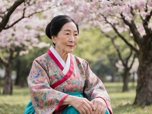 70대의 동양인 여성의 평온한 반신 촬영으로, 전통 한복을 입고 아름다운 공원에 크로스 레그로 앉아 있습니다. 그녀는 평온한 표정을 짓고 있으며, 무릎 위에 손을 올려놓고 있습니다. 주변에는 무성한 나무와 꽃들이 조화를 이루어 고요한 분위기를 자아냅니다.