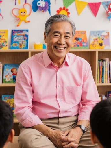 50대 동양인 남성이 밝은 색의 셔츠와 슬랙스를 착용하고 친근한 표정으로 크로스 레그로 앉아 아이들과 대화를 나누는 모습의 반신 촬영입니다. 배경은 아기자기한 장식과 책들로 가득한 유아 교육 공간으로, 따뜻하고 초대하는 분위기를 연출하여 학습과 상호작용의 기쁨을 강조합니다. 남성은 밝은 미소와 환영하는 표정으로 긍정적이고 친근한 느낌을 줍니다.