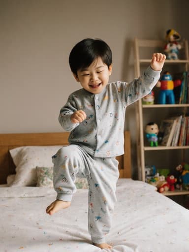 편안한 파자마를 입고 침대 위에서 즐겁게 춤추는 3세 한국 남자아이의 전신 샷입니다. 그의 활발한 표정은 행복을 드러내며, 장난감과 책으로 가득 찬 아늑한 침실에서 놀고 있는 모습이 따뜻하고 초대하는 분위기를 만들어냅니다.