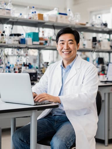 40대 아시아계 남성이 흰색 실험복과 캐주얼한 청바지를 입고, 현대적인 실험실 테이블에 앉아 노트북을 사용하며 매력적인 미소를 짓고 있는 반신 사진.