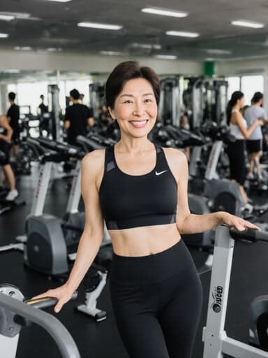50대 한국인 여성이 세련된 운동복과 운동화를 착용하고 체육관에서 운동 기구를 가볍게 잡고 자신감 있는 미소를 지으며 서 있습니다. 주변에는 다양한 운동 기구와 운동하는 사람들로 가득 차 있어 에너지가 넘치고 동기 부여가 되는 분위기를 자아냅니다.