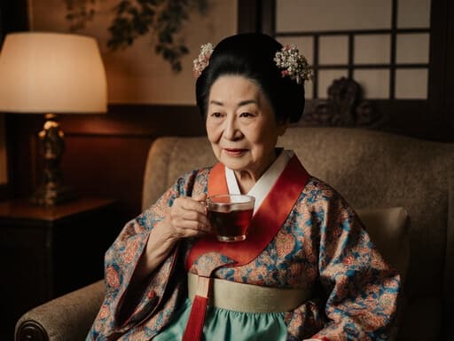 평온한 표정을 짓고 있는 70대 백인 여성의 반신 사진으로, 전통 한복을 입고 소파에 앉아 차를 음미하고 있습니다. 아늑한 찻집의 따뜻한 조명과 고전적인 장식이 어우러져 문화적인 전통과 예절의 아름다움을 보여주는 매력적인 분위기를 자아냅니다.