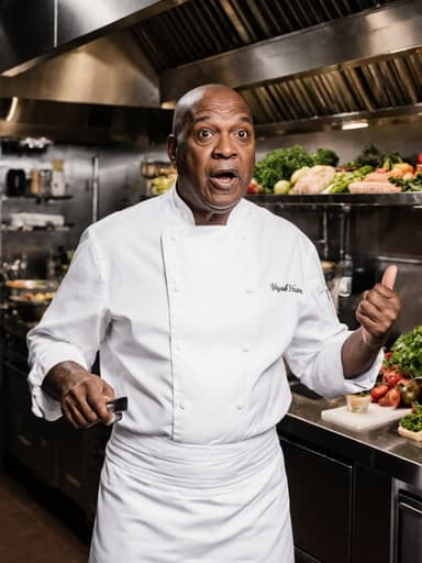 놀란 표정을 지닌 60대 흑인 남성이 흰색 조리복과 앞치마를 입고, 한 손으로 조리 도구를 잡고 다른 손으로 스트레칭을 하며 다양한 재료로 가득한 식당 주방에서 반신 촬영된 모습입니다.