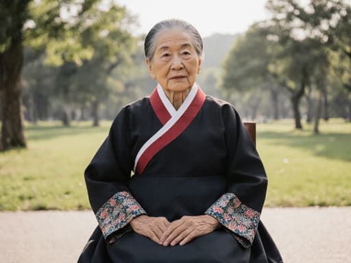 80대 한국인 여성이 전통 한복을 입고 의자에 앉아 무관심한 표정을 지으며, 손은 무릎 위에 올려져 있습니다. 배경은 전통 이야기를 나누는 장면을 연상시키는 공원으로, 나무와 햇살이 따뜻한 분위기를 만들어냅니다.