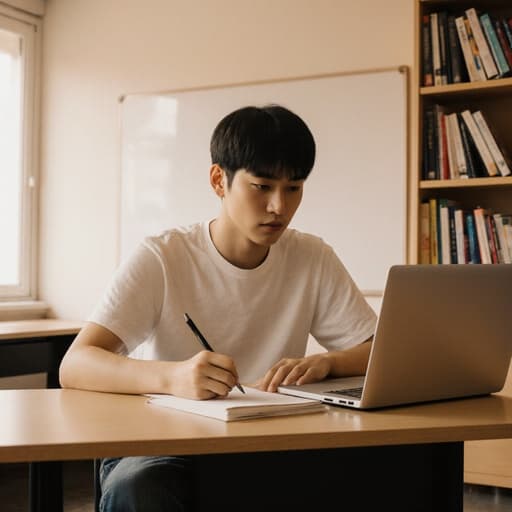 10대 초반의 아시아계 남성이 스터디 데스크에 앉아 편안한 티셔츠와 청바지를 입고 있습니다. 그는 차분한 표정으로 노트북을 바라보며 필기를 하고 있습니다. 배경에는 화이트보드와 깔끔하게 정리된 책장이 있는 스터디룸이 있어 차분하고 학구적인 분위기를 만들어냅니다.