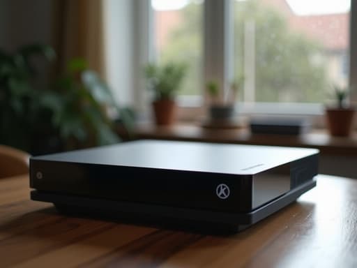 나무 테이블 위의 게임 콘솔과 비 오는 창가가 어우러져 아늑한 분위기를 연출합니다.