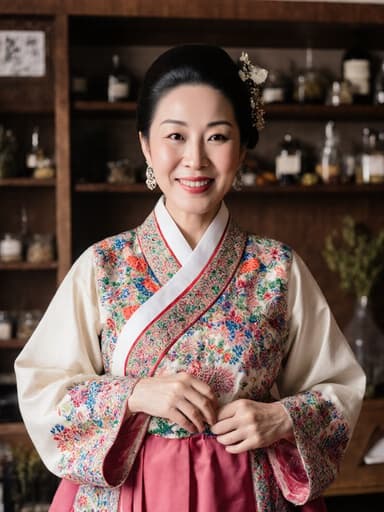 50대 중동계 여성이 화려한 자수가 돋보이는 전통 한복을 입고 매력적으로 웃으며 옷을 자연스럽게 다루고 있는 반신 촬영. 아늑한 전통 한의 상담실 배경에는 뜸과 한약재가 놓여 있어 따뜻하고 초대하는 분위기를 연출합니다.