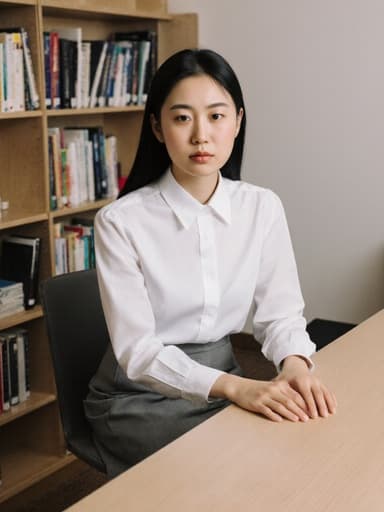 깔끔한 블라우스와 스커트를 입은 10대 후반의 아시아계 여성이 학습실에서 학생 상담을 준비하고 있습니다. 진지한 표정과 차가운 감정이 그녀의 집중력을 드러내며, 상담 테이블 위에 손을 올리고 있는 모습이 책장으로 둘러싸인 학문적인 분위기를 강조합니다.