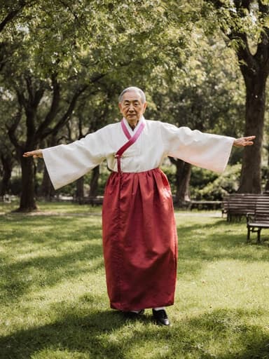 70대의 백인 남성이 전통적인 한복을 입고 자연스러운 무관심한 표정을 지으며, 양팔을 벌리고 한 발을 앞으로 내딛는 춤추는 자세를 취하고 있는 전신 샷. 푸른 잔디와 나무가 있는 평화로운 공원 배경.
