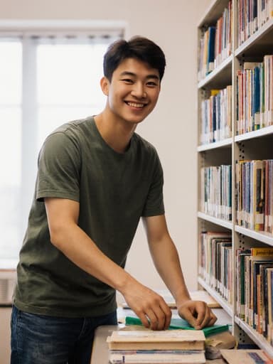 10대 후반의 혼혈 남성이 편안한 티셔츠와 청바지를 입고, 조용한 도서관에서 책을 정리하며 미소를 짓고 있는 반신 촬영입니다. 배경에는 서가가 있어, 학생들을 지도하는 따뜻하고 초대하는 교육적인 분위기를 만들어냅니다.