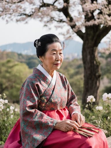 80대 아시아계 여성은 전통 한복을 입고 편안한 의자에 앉아, 평화로운 공원에서 공예 도구를 들고 깊은 생각에 잠긴 모습을 보여주며 고독과 우아함의 순간을 반영합니다.