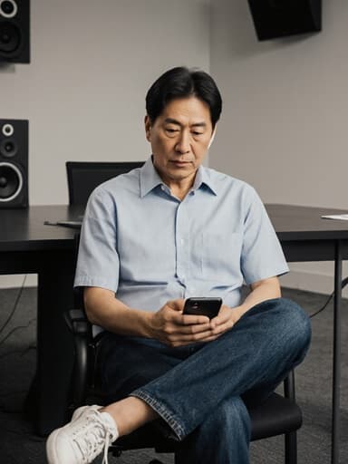 50대 한국인 남성이 편안한 캐주얼 셔츠와 청바지를 입고, 현대적인 디자인의 회의실에서 스마트폰으로 음악을 들으며 크로스 레그로 앉아 자연스럽게 집중하는 모습이 담긴 반신 사진. 세련된 음향 장비가 배치된 배경 속에서 그가 음악에 몰두하고 있는 모습이 강조된다.