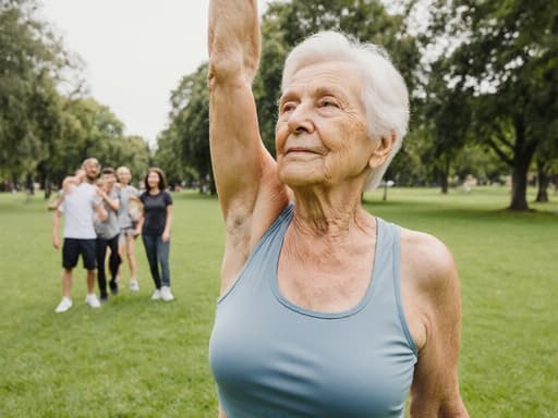 편안한 운동복을 입고 팔을 위로 올리며 스트레칭하는 80세 백인 여성의 반신 사진입니다. 그녀는 공원에서 무관심한 표정으로 주위를 바라보며, 배경에는 가족이 함께 시간을 보내는 모습이 있어 조화롭고 초대하는 분위기를 연출합니다.